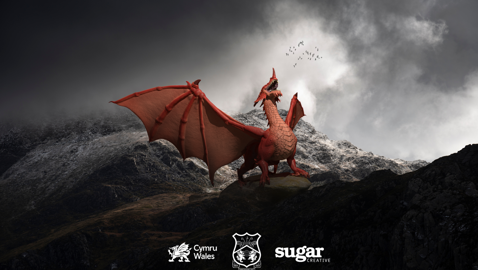 Red dragon with a stormy, mountainous backdrop