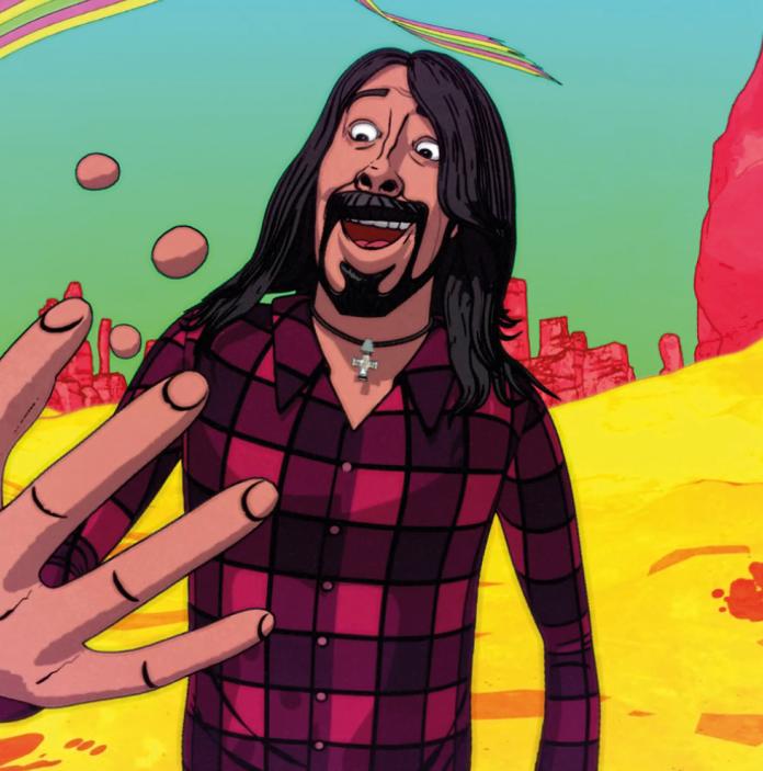 Colourful (yellow, pink and green) animated still showing Dave Grohl from Foo Fighters' 'Chasing Birds' music video. Dave is wearing a red plaid shirt.