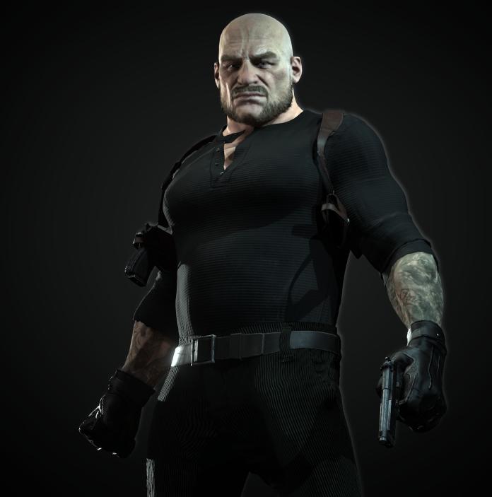 Animated shot of Big Job from Games Alchemist. A muscular bald man is wearing a tight all black top and bottoms and is holding a gun, which is pointing to the ground.