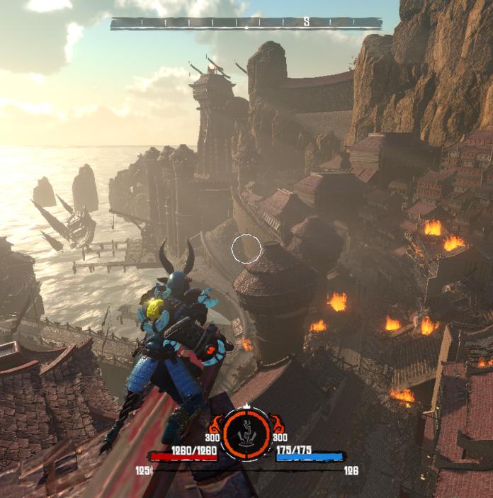 Animated shot of game Almighty showing cliffside town and animated characters