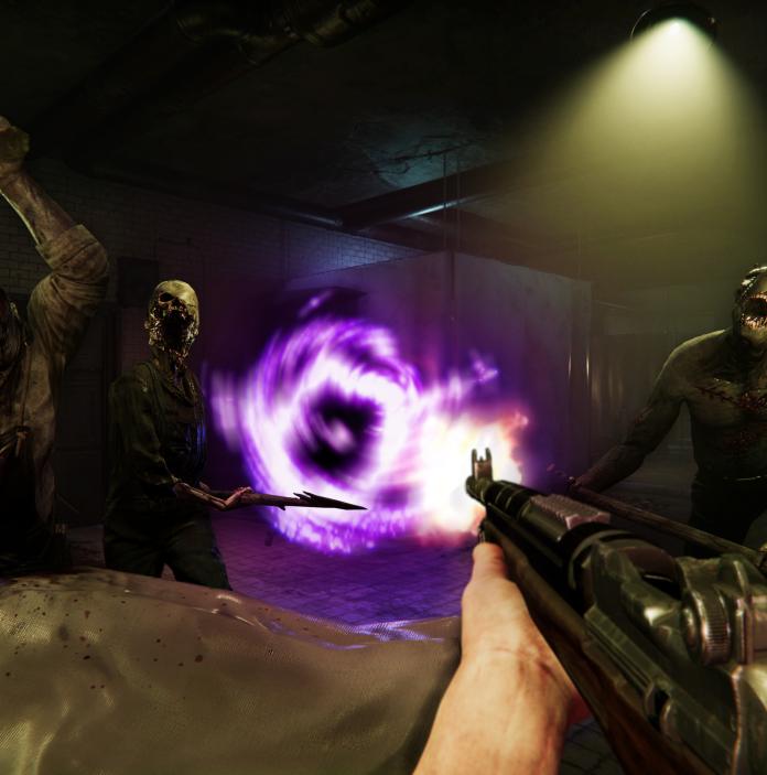 In game shot of Sker Ritual showing gun firing bright purple light at zombies
