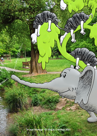 Shot of park overlayed with animated Dr Seuss illustration of an elephant. 