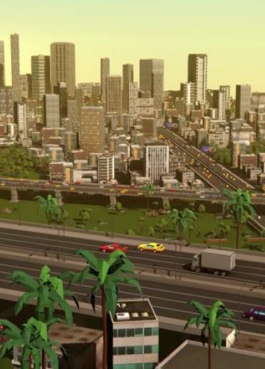 Animated shot of a cityscape from a game.