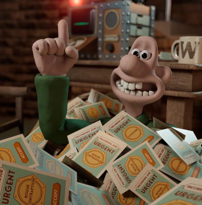 Wallace from Wallace & Gromit covered with urgent letters up to his neck with one finger in the air
