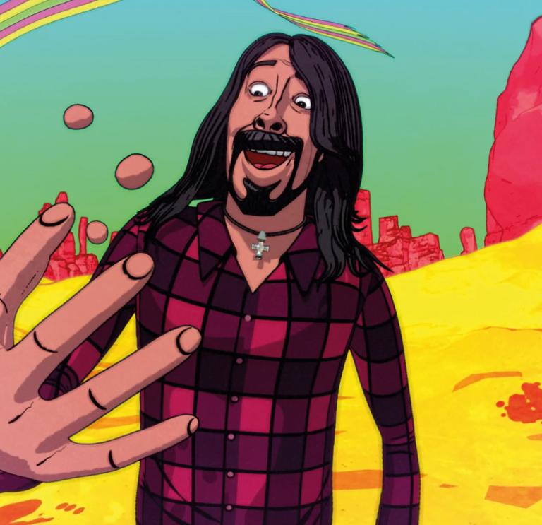 Colourful (yellow, pink and green) animated still showing Dave Grohl from Foo Fighters' 'Chasing Birds' music video. Dave is wearing a red plaid shirt.
