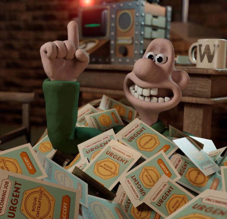 Wallace from Wallace & Gromit covered with urgent letters up to his neck with one finger in the air