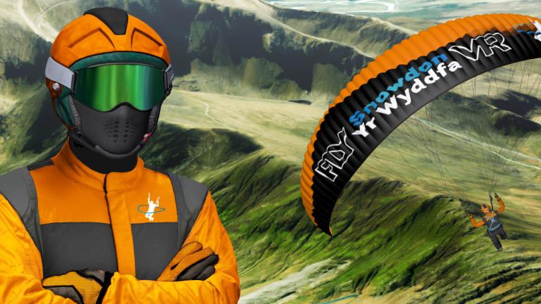 Animated shot of orange and black Paradrop VR (Frontgrid) glider with the words 'Snowdon Yr Wyddfa' written on it. It's flying against a backdrop of green hills