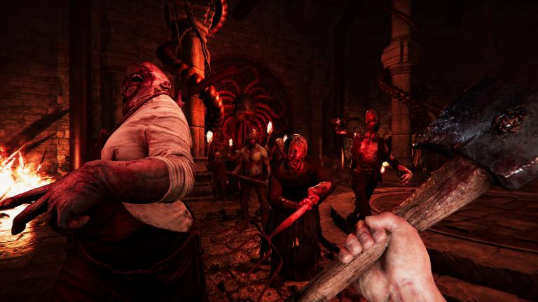 In house red-lit shot of zombies