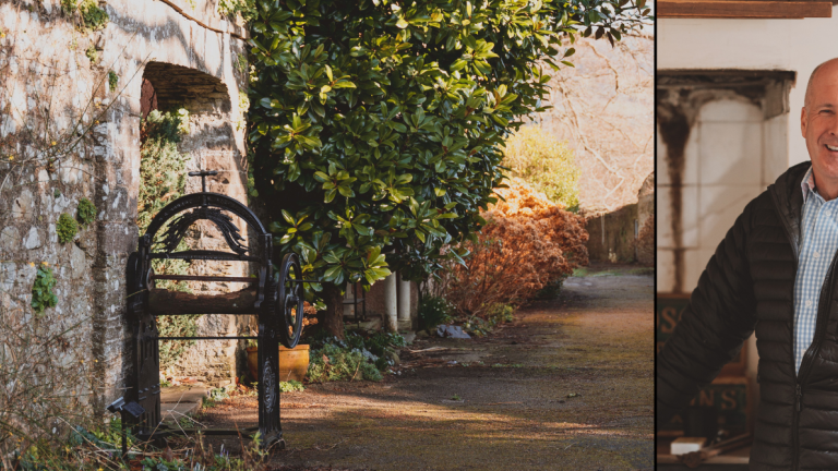 split image of a garden in rural wales on the left and a portrait of a man inside a farmhouse