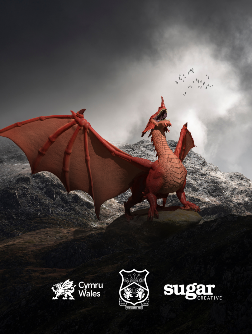 Red dragon with a stormy, mountainous backdrop