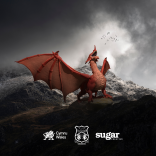 Red dragon with a stormy, mountainous backdrop