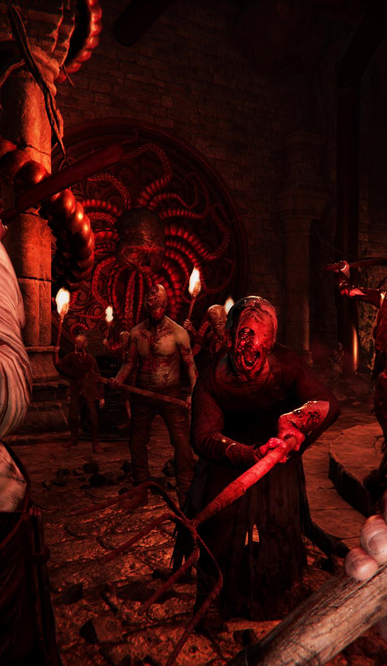 In house red-lit shot of zombies