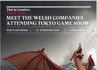 Welsh Dragon promoting Wales Trade Mission to Tokyo Game Show 2026 against a rugged mountainous backdrop