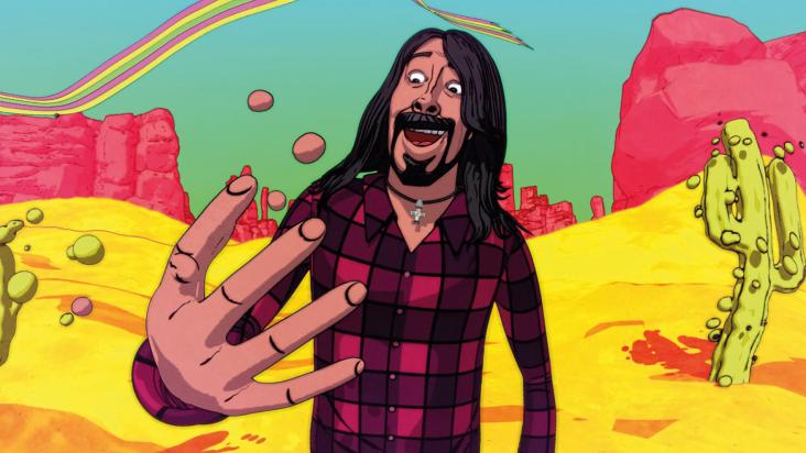 Colourful (yellow, pink and green) animated still showing Dave Grohl from Foo Fighters' 'Chasing Birds' music video. Dave is wearing a red plaid shirt.